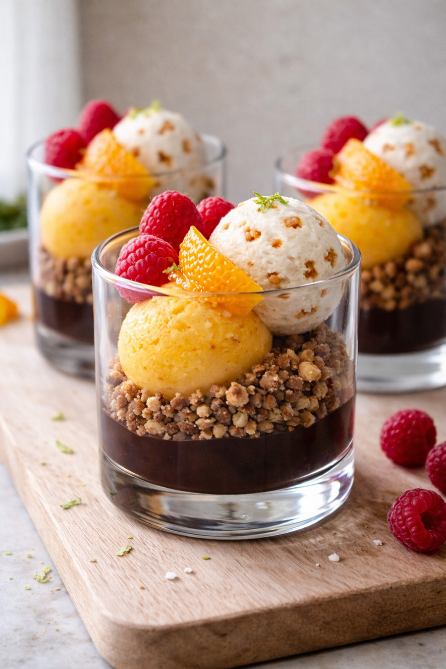 Kold dessert i glas med havtorn-sorbet, nougat og chokolade