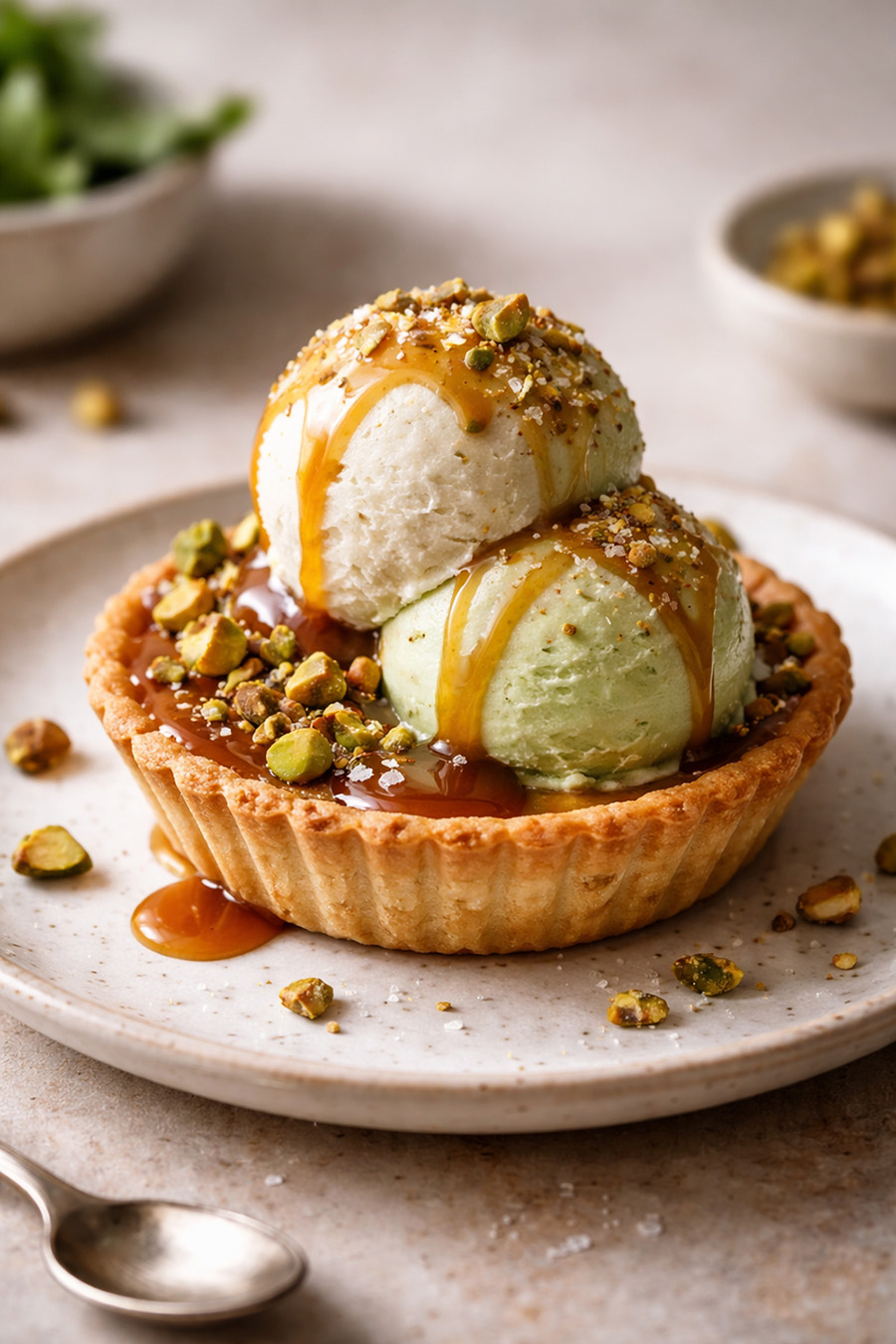 Luksus dessert med gelato og pistacieknas